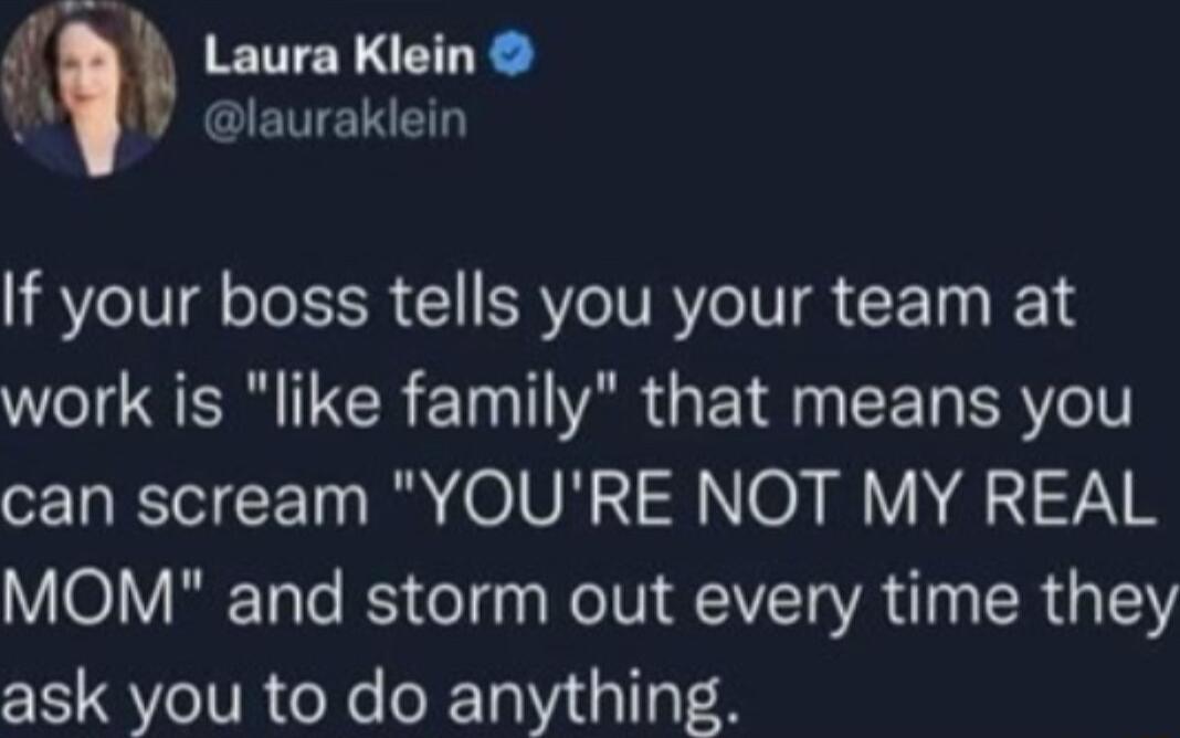 Laura Klein QY lauraklein If your boss tells you your team at work is like family that means you can scream YOURE NOT MY REAL MOM and storm out every time they ask you to do anything