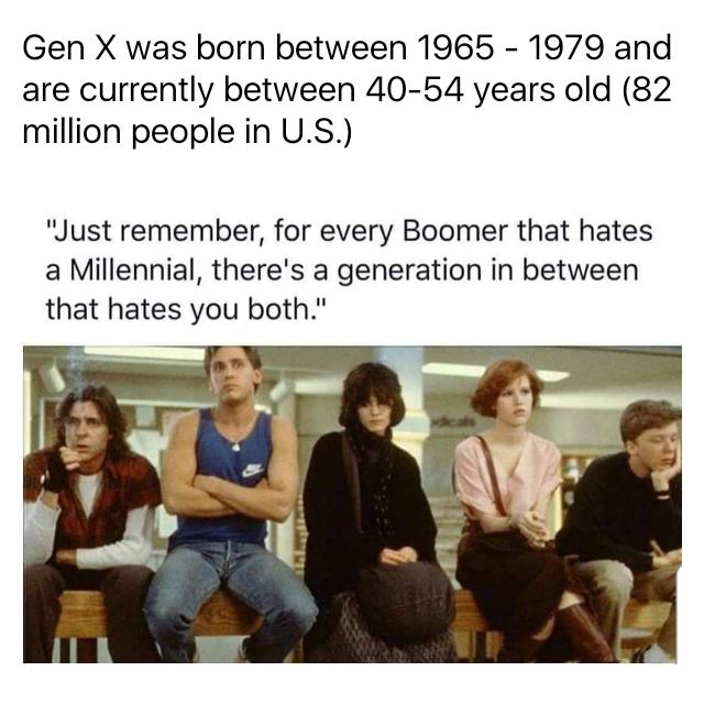 Gen X was born between 1965 1979 and are currently between 40 54 years old 82 million people in US Just remember for every Boomer that hates a Millennial theres a generation in between that hates you both
