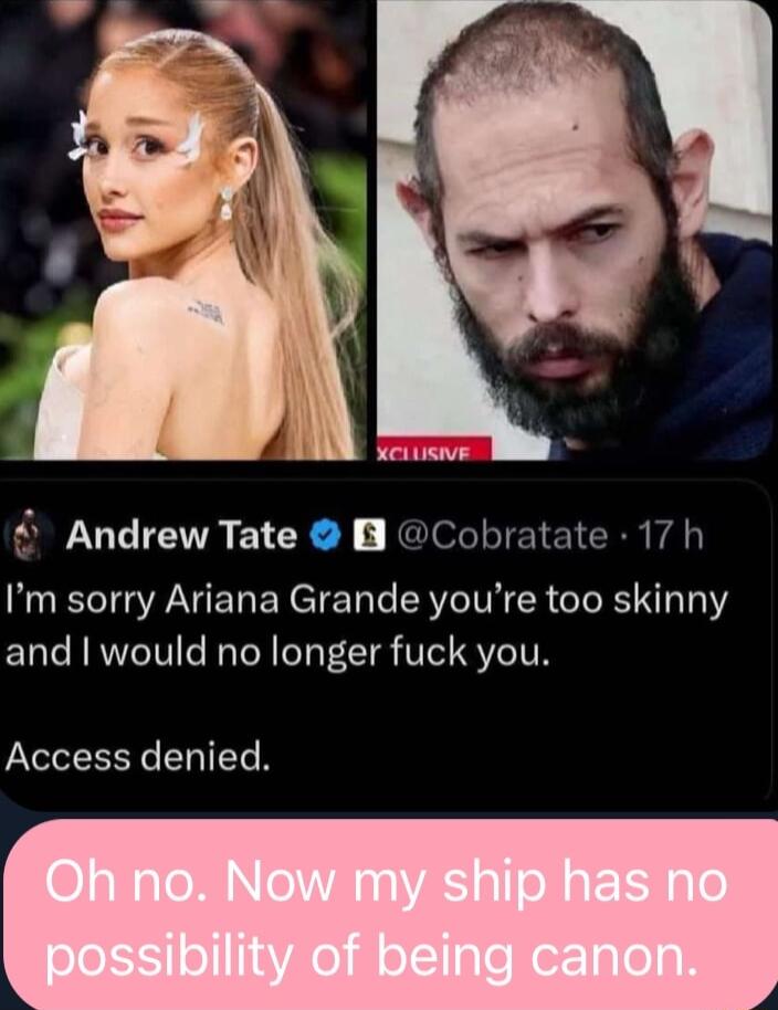 XCHISVE Andrew Tate B Cobratate 17 h Im sorry Ariana Grande youre too skinny and would no longer fuck you Access denied