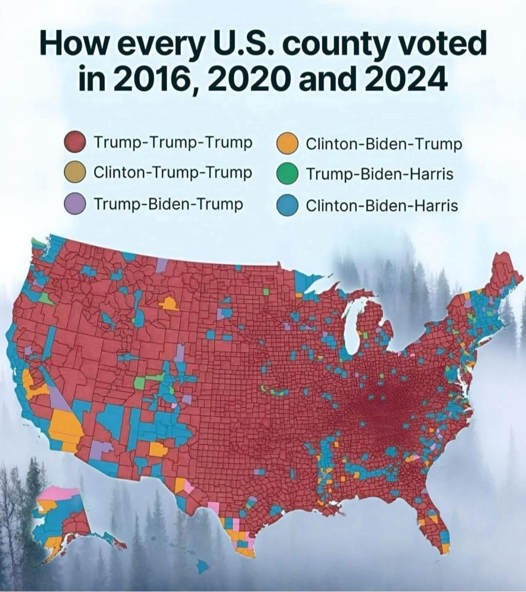 How every U.S. county voted in 2016, 2020 and 2024
Trump-Trump-Trump
Clinton-Biden-Trump
Clinton-Trump-Trump
Trump-Biden-Trump
Trump-Biden-Harris
Clinton-Biden-Harris