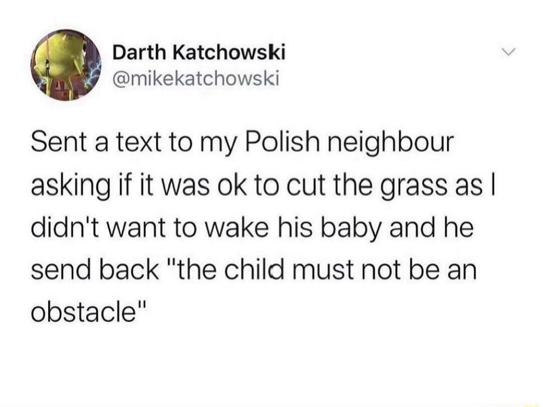 Darth Katchowski @mikekatchowski Sent a text to my Polish neighbour asking if it was ok to cut the grass as I didn't want to wake his baby and he send back 