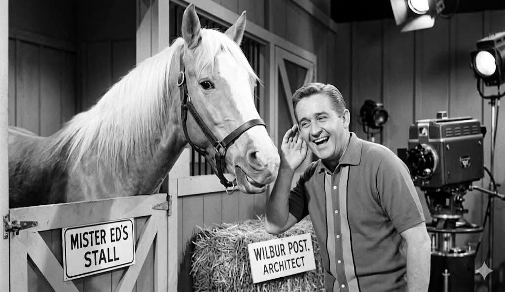 Mister Ed's Stall. Wilbur Post, Architect. A man laughs while holding his hand to his ear, seemingly listening to a horse in a stable setting with studio equipment.