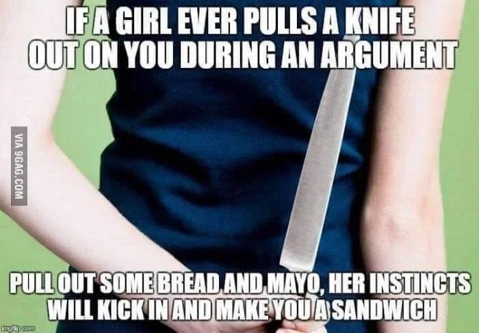 IF A GIRL EVER PULLS A KNIFE OUT ON YOU DURING AN ARGUMENT PULL OUT SOME BREAD AND MAYO, HER INSTINCTS WILL KICK IN AND MAKE YOU A SANDWICH