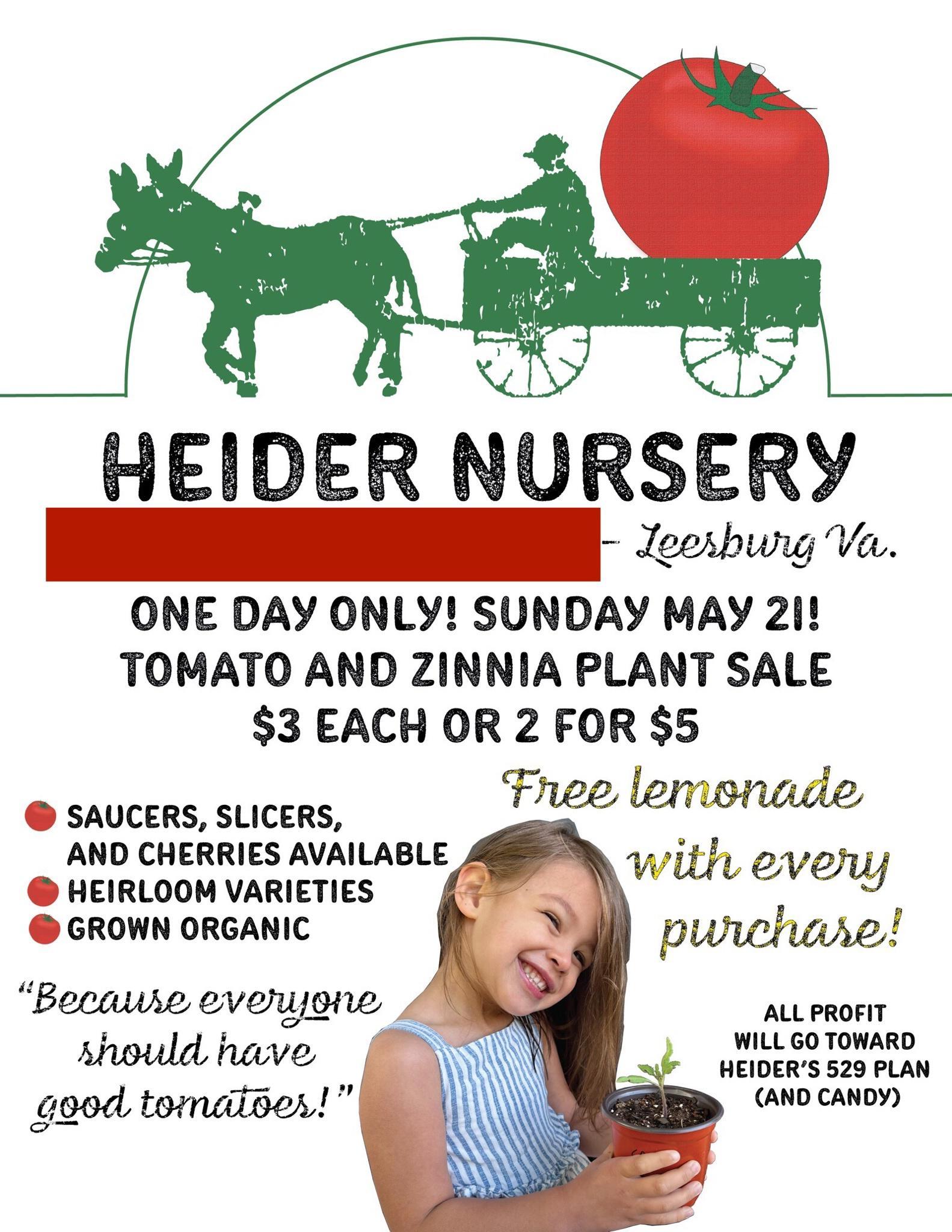 HEIDER NURSERY zeesbung ONE DAY ONLY SUNDAY MAY 21 TOMATO AND ZINNIA PLANT SALE 3 EACH OR 2 FOR 5 Free lemsnade with eveny purchajre SAUCERS SLICERS AND CHERRIES AVAILABLE HEIRLOOM VARIETIES GROWN ORGANIC Becaure everyjone showld have g00d tomailder ALLPROFIT WILL GO TOWARD HEIDERS 529 PLAN B AND CANDY