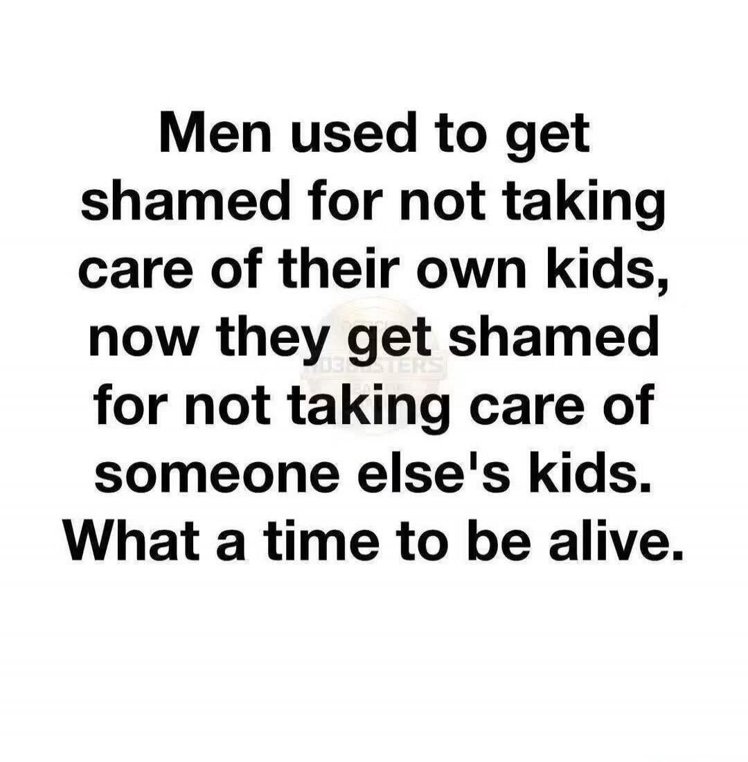 Men used to get shamed for not taking care of their own kids, now they get shamed for not taking care of someone else's kids. What a time to be alive.