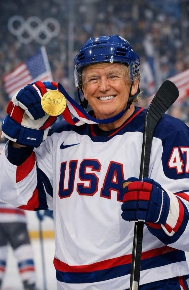 Donald Trump wearing a USA hockey jersey and helmet, holding an Olympic gold medal and a hockey stick. The text 'USA' is prominent on his jersey. Olympic rings are visible in the background.