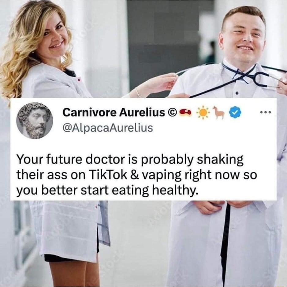 Carnivore Aurelius 2 AlpacaAurelius Your future doctor is probably shaking v their ass on TikTok vaping right now so you better start eating healthy W