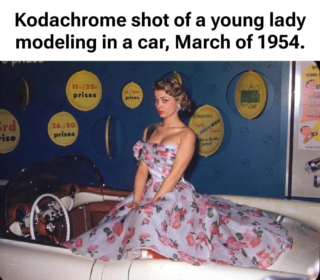 Kodachrome shot of a young lady modeling in a car, March of 1954.