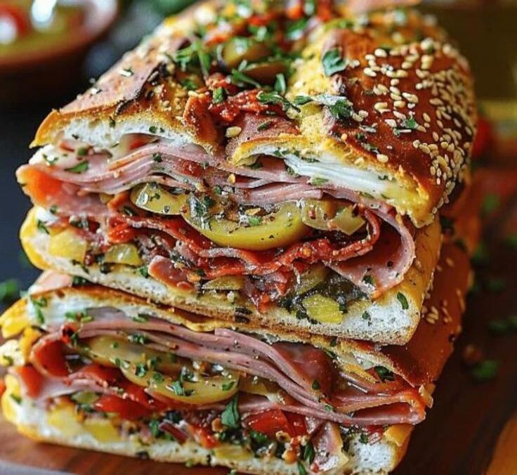 A stacked deli sandwich with multiple layers of ham, cheese, olives, peppers, and herbs on a seeded bun.