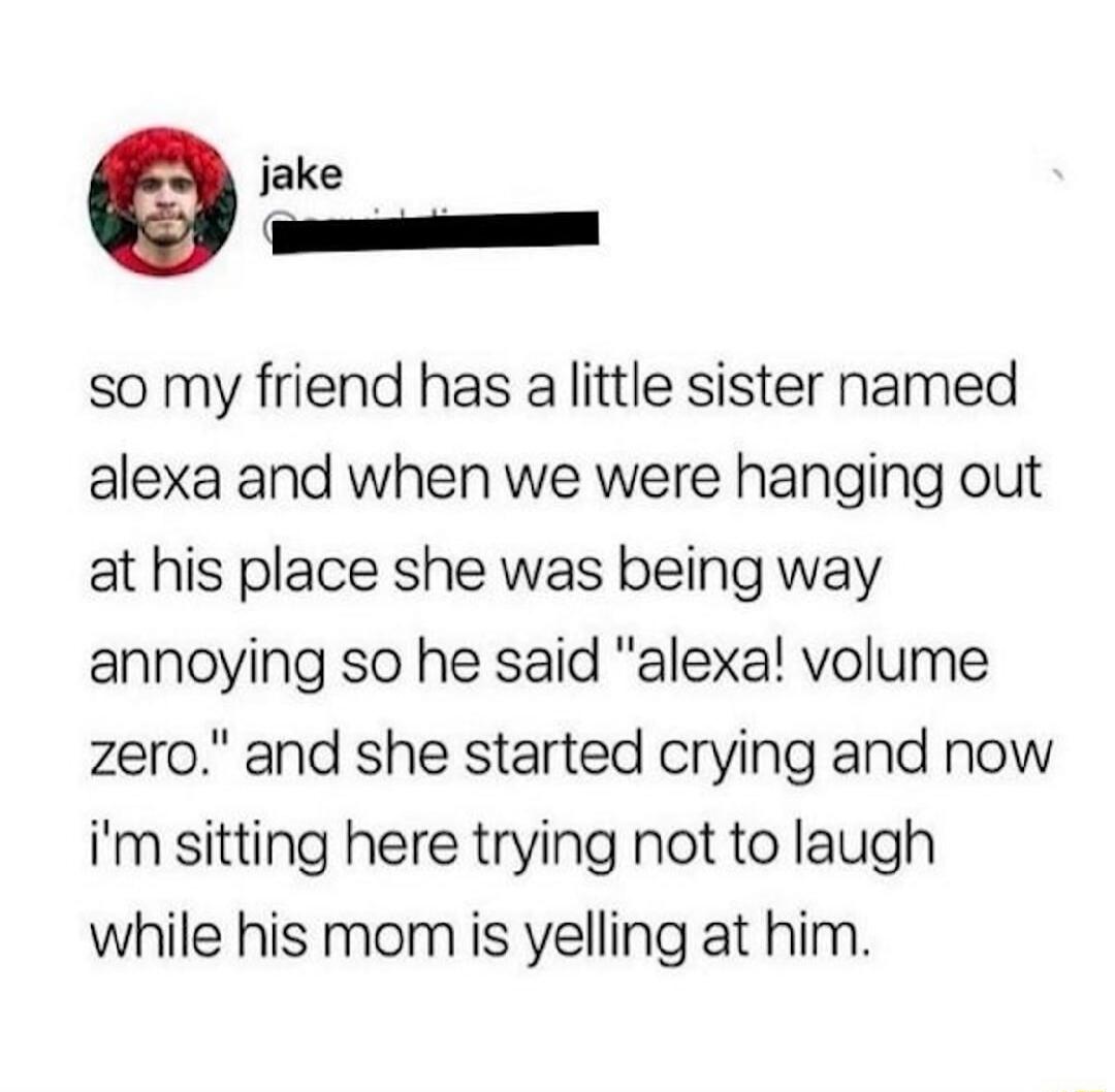 jake so my friend has a little sister named alexa and when we were hanging out at his place she was being way annoying so he said 