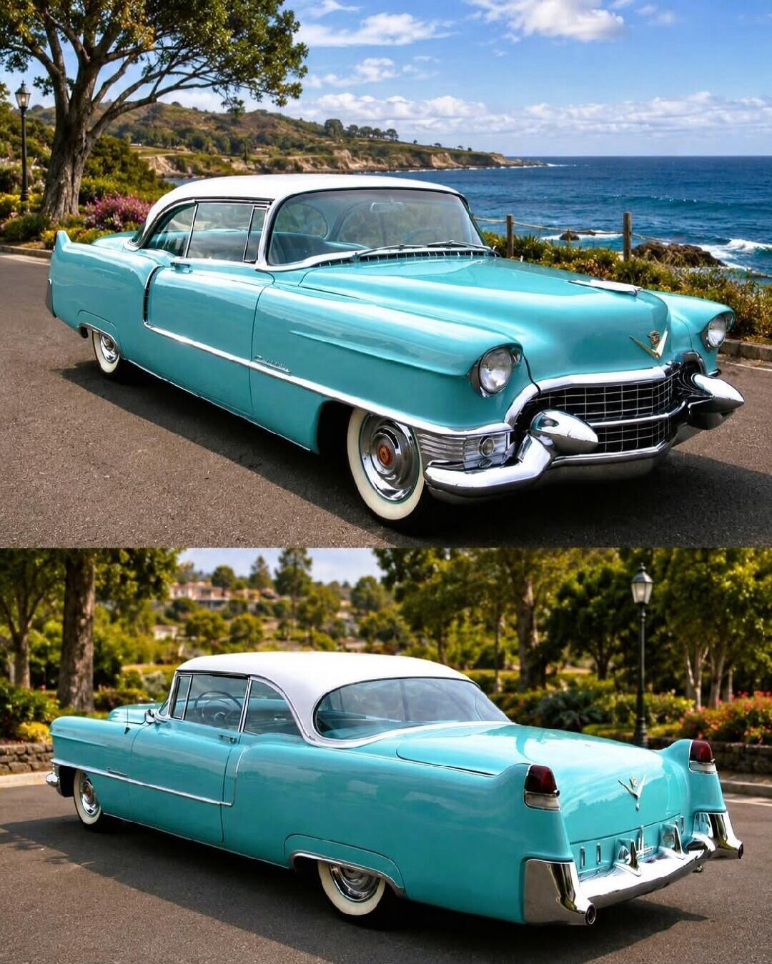 A beautiful vintage turquoise and white Cadillac car parked on a scenic road by the ocean.