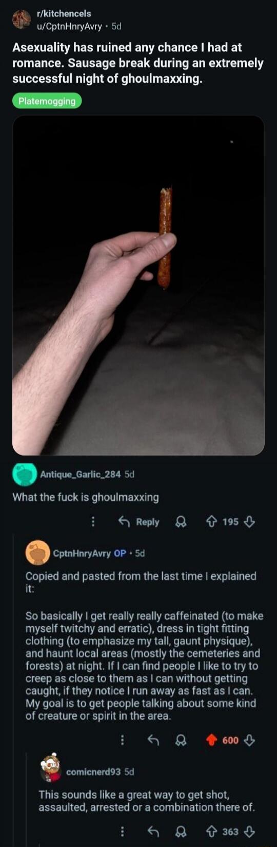 Asexuality has ruined any chance I had at romance. Sausage break during an extremely successful night of ghoulmaxxing. Platemogging. What the fuck is ghoulmaxxing. Copied and pasted from the last time I explained it: So basically I get really really caffeinated (to make myself twitchy and erratic), dress in tight fitting clothing (to emphasize my t