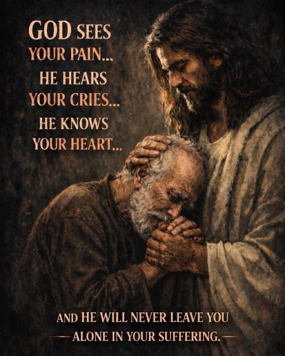 GOD SEES YOUR PAIN... HE HEARS YOUR CRIES... HE KNOWS YOUR HEART... AND HE WILL NEVER LEAVE YOU ALONE IN YOUR SUFFERING.