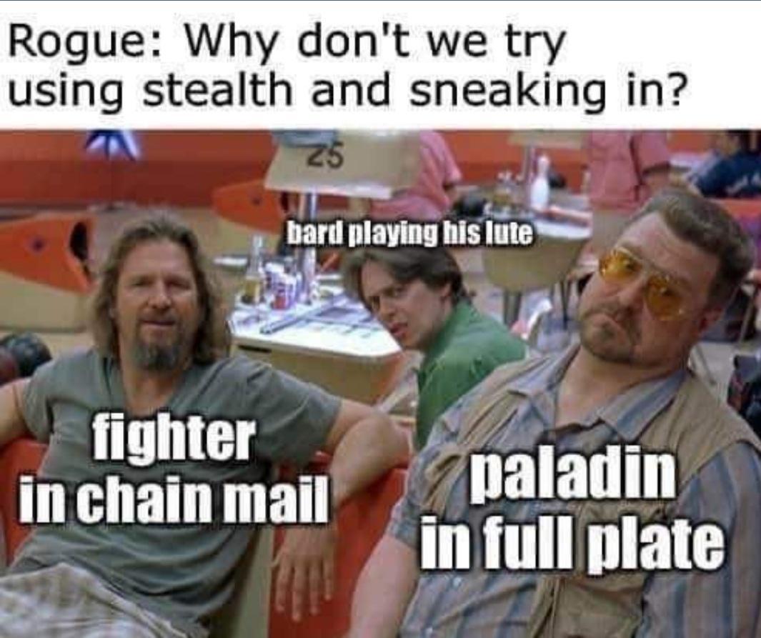 Rogue Why dont we try using stealth and sneaking in i fighter inchainmail haladin 4 Infull plate