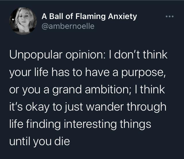 d A Ball of Flaming Anxiety ETggloLTgplel1 aTeeolUIafeloallea Ml Ko caR W alla your life has to have a purpose ol YelVI Wog Ialo KTnal o it ela M RalIaI Yo C VAV A ale T liaTelleg hicRilalellaleRInIEICS aleRiallale until you die