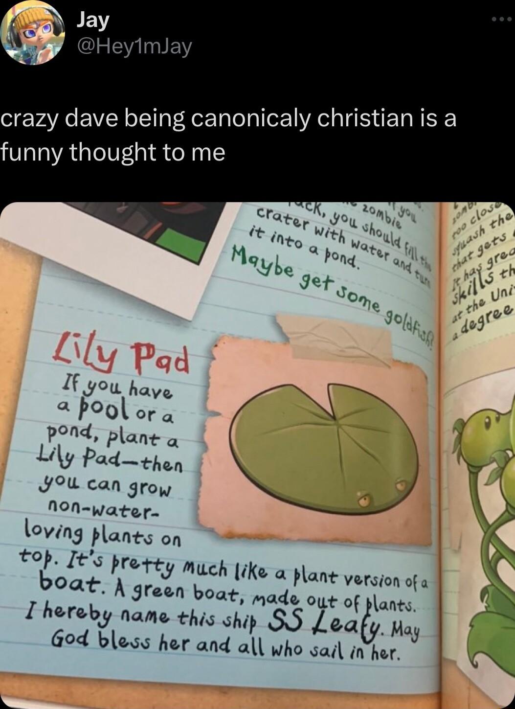 L j Pad I you haye 2 Poolor o JOU can groy Non water loving plants on top Its pre At A green boat mads oyt of pla 1 hereby name this ship SS Lea God bless her and all who sail inhe Tty Much ike a Plant yersion ofa nts Hay v 1