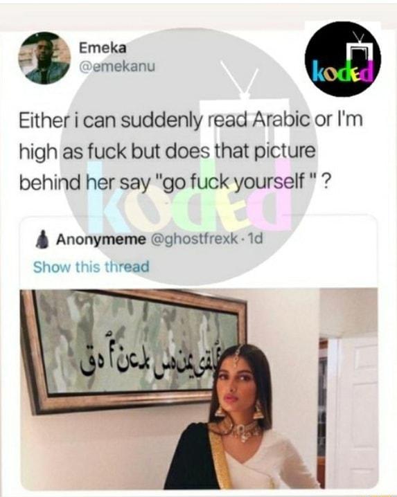 y Emeka emekanu Either i can suddenly read Arabic or Im high as fuck but does that picture behind her say go fuck yourself A Anonymeme ghostirexk 1d Show this thread