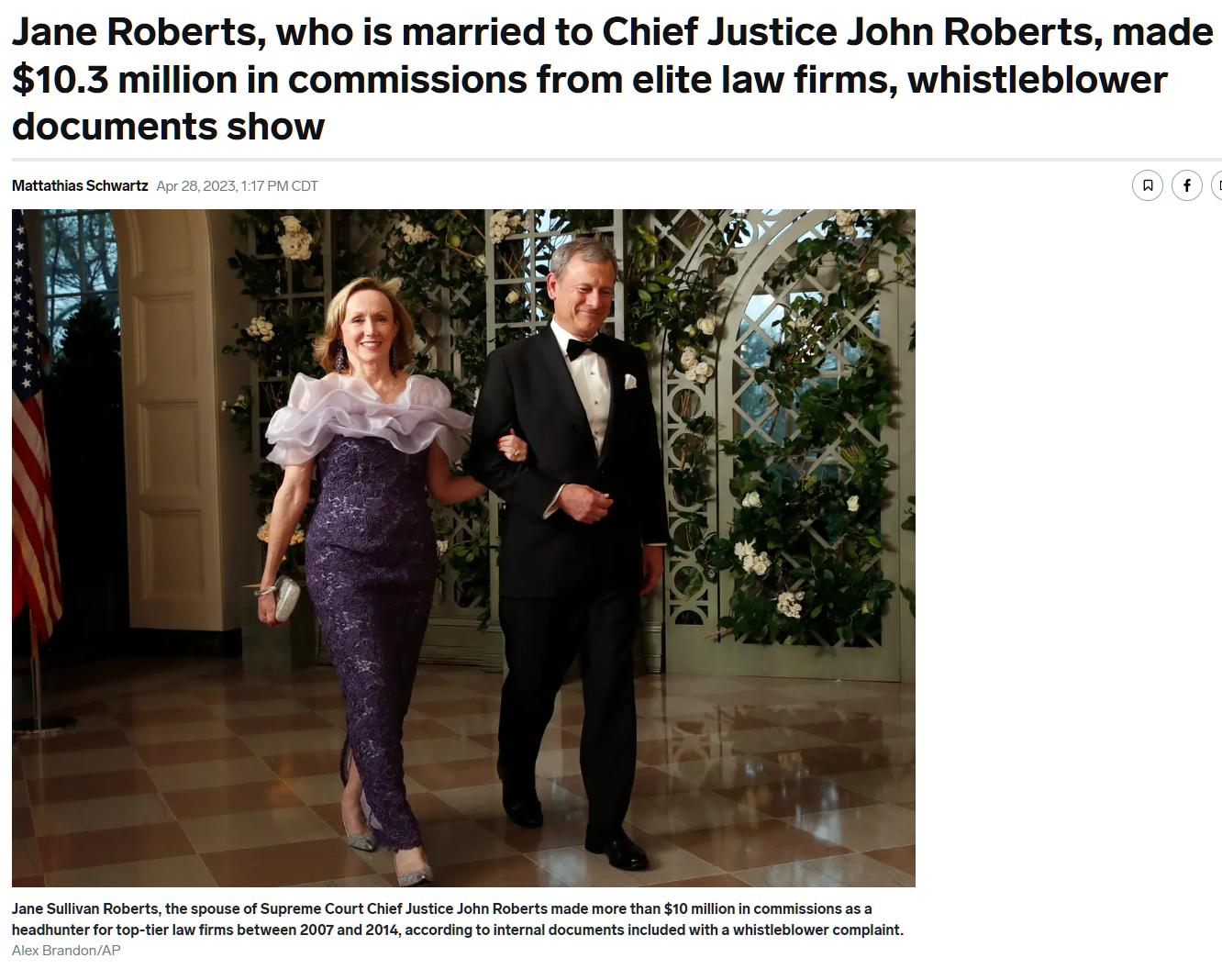 Jane Roberts who is married to Chief Justice John Roberts made 103 million i law firms whistieblower documents show