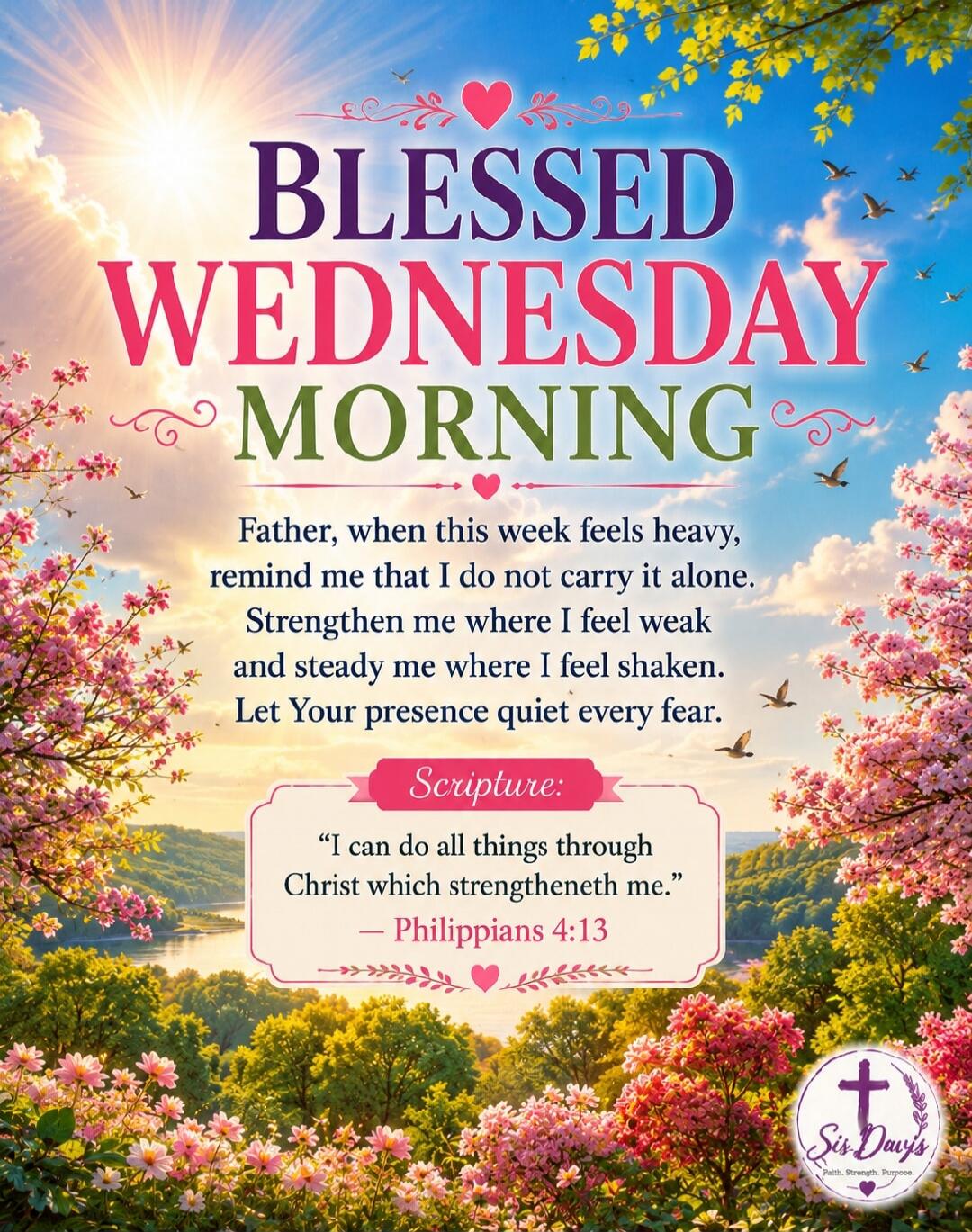 BLESSED WEDNESDAY MORNING Father, when this week feels heavy, remind me that I do not carry it alone. Strengthen me where I feel weak and steady me where I feel shaken. Let Your presence quiet every fear. Scripture: “I can do all things through Christ which strengtheneth me.” — Philippians 4:13 Sis Davis Faith. Strength. Purpose.
