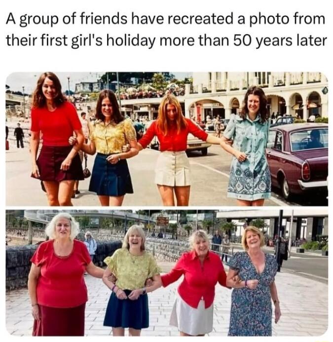A group of friends have recreated a photo from their first girls holiday more than 50 years later
