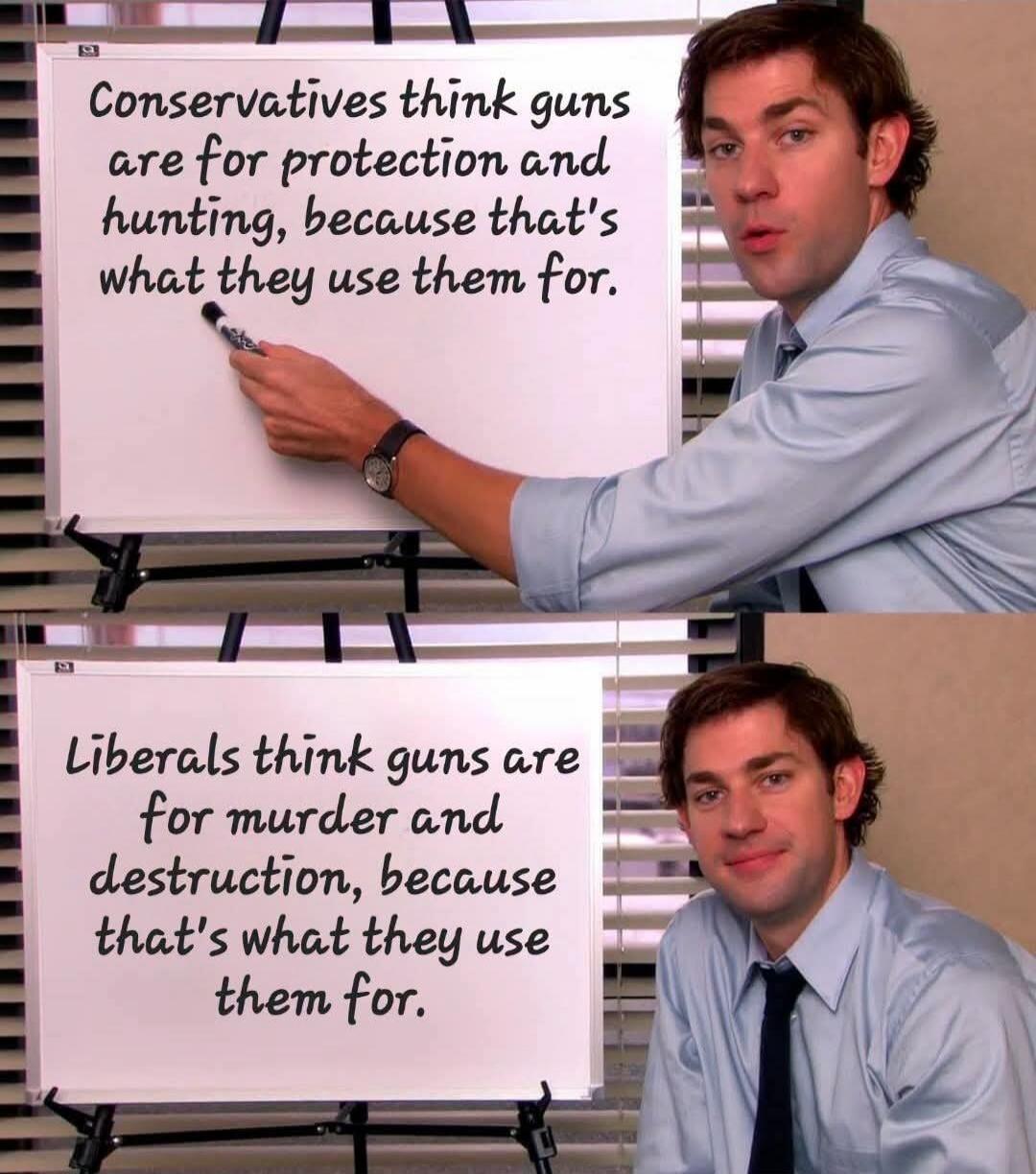 Conservatives think guns are for protection and hunting, because that's what they use them for. Liberals think guns are for murder and destruction, because that's what they use them for.