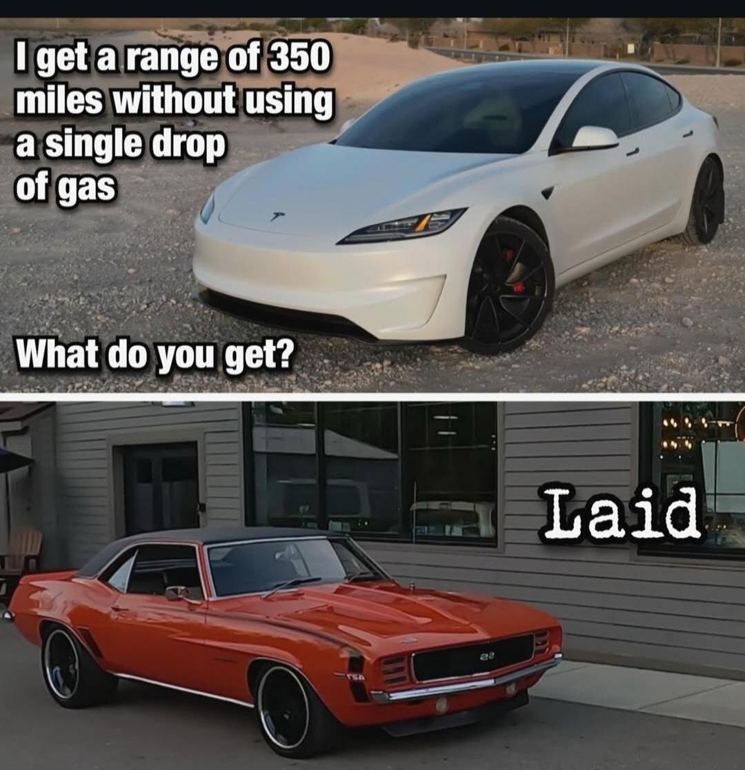 I get a range of 350 miles without using a single drop of gas. What do you get? Laid