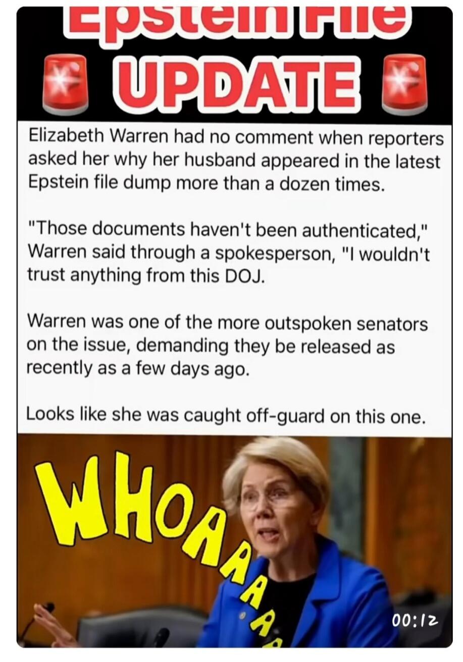 Elizabeth Warren had no comment when reporters asked her why her husband appeared in the latest Epstein file dump more than a dozen times.
