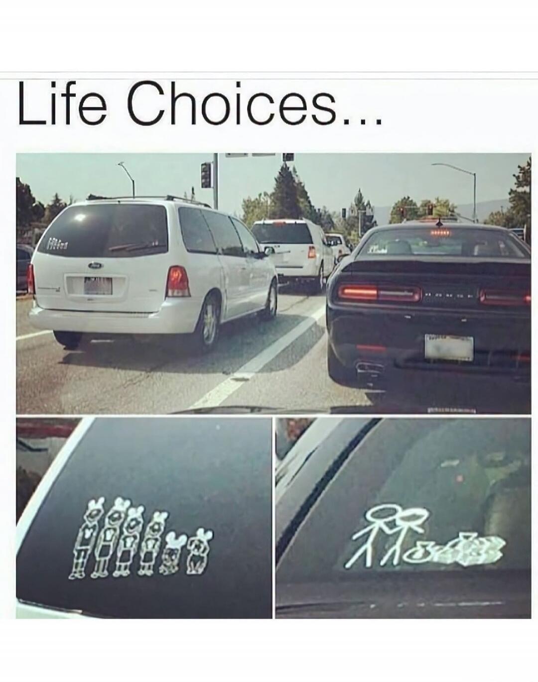 Life Choices... A white minivan with a large stick-figure family decal on its rear window is shown next to a black sports car with a stick-figure decal of two people holding hands next to a pile of money.