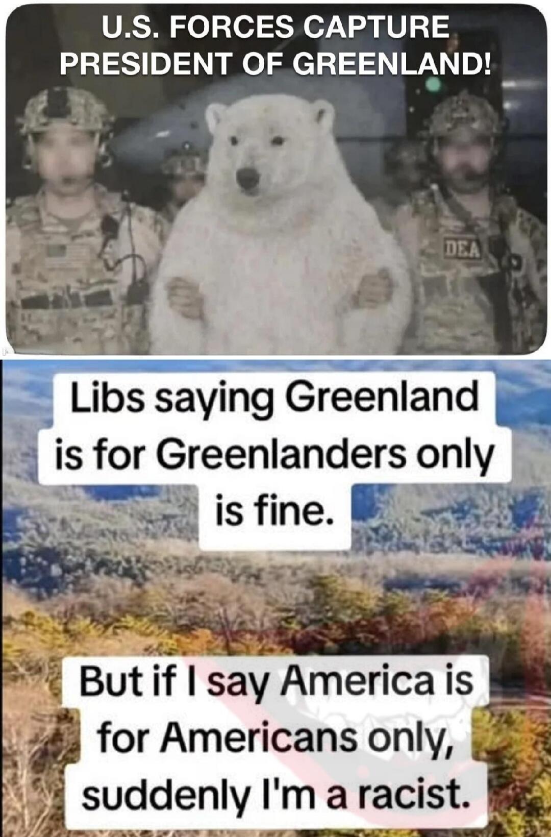 U.S. FORCES CAPTURE PRESIDENT OF GREENLAND!
Libs saying Greenland is for Greenlanders only is fine.
But if I say America is for Americans only, suddenly I'm a racist.