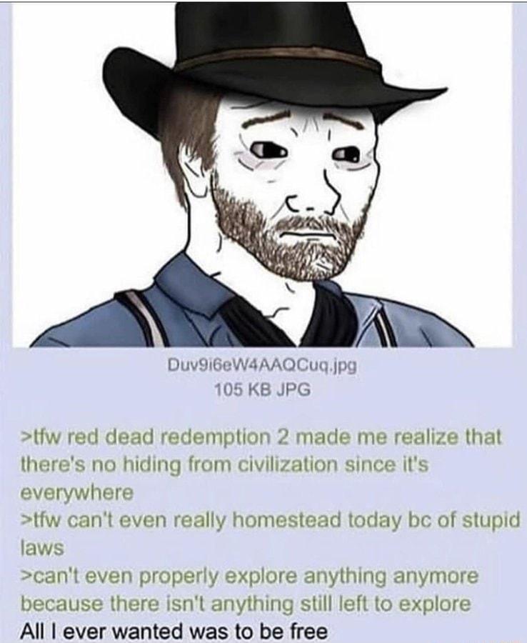 DuviBeW4AAQCUC 105 KB JPG tiw red dead redemption 2 made me realize that theres no hiding from civilization since its everywhere tfw cant even really homestead today bce of stupid laws cant even properly explore anything anymore because there isnt anything still left to explore All ever wanted was to be free