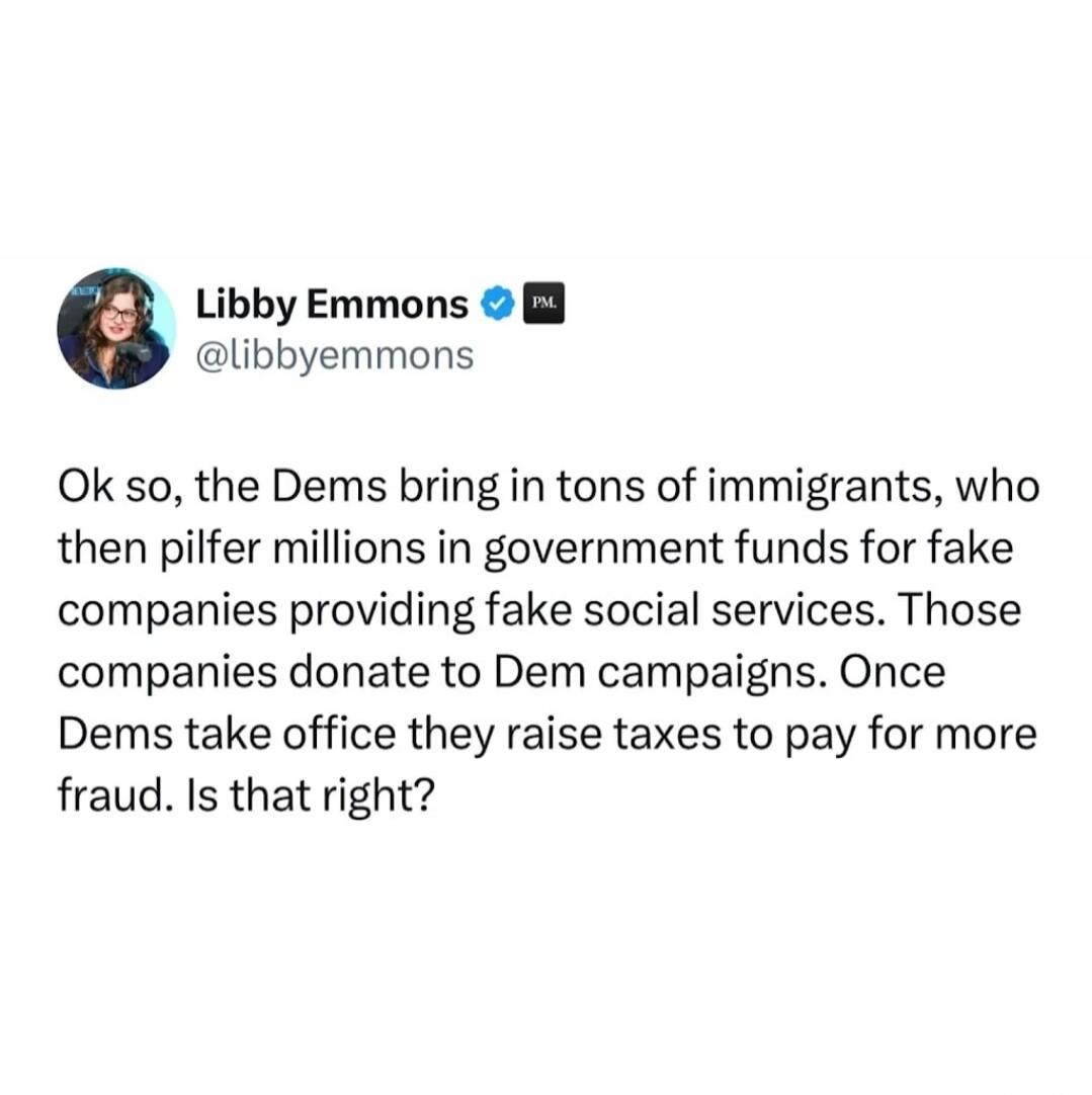 Ok so, the Dems bring in tons of immigrants, who then pilfer millions in government funds for fake companies providing fake social services. Those companies donate to Dem campaigns. Once Dems take office they raise taxes to pay for more fraud. Is that right?