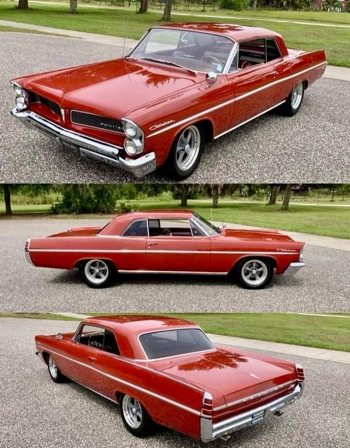 Three photos of a red vintage car shown from front, side, and rear angles, parked on a street with a green lawn in the background.