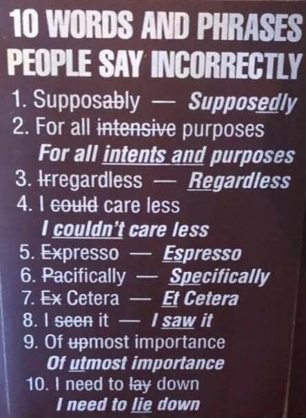 10 WORDS AND PHRASES PEOPLE SAY INCORRECTLY
1. Supposably — Supposedly
2. For all intensive purposes — For all intents and purposes
3. Irregardless — Regardless
4. I could care less — I couldn't care less
5. Expresso — Espresso
6. Pacifically — Specifically
7. Ex Cetera — Et Cetera
8. I seen it — I saw it
9. Of utmost importance — Of utmost importa
