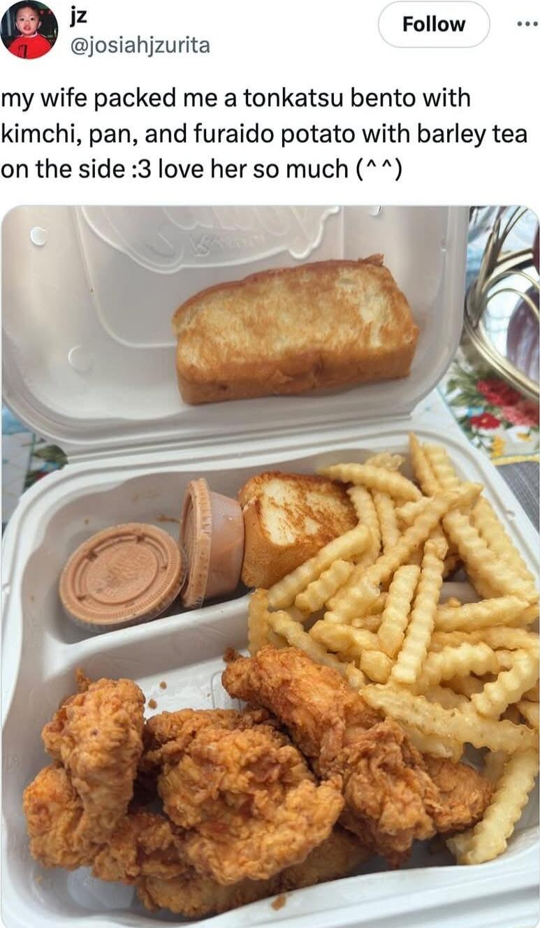 my wife packed me a tonkatsu bento with kimchi, pan, and furai potato with barley tea on the side :3 love her so much (^ ^)