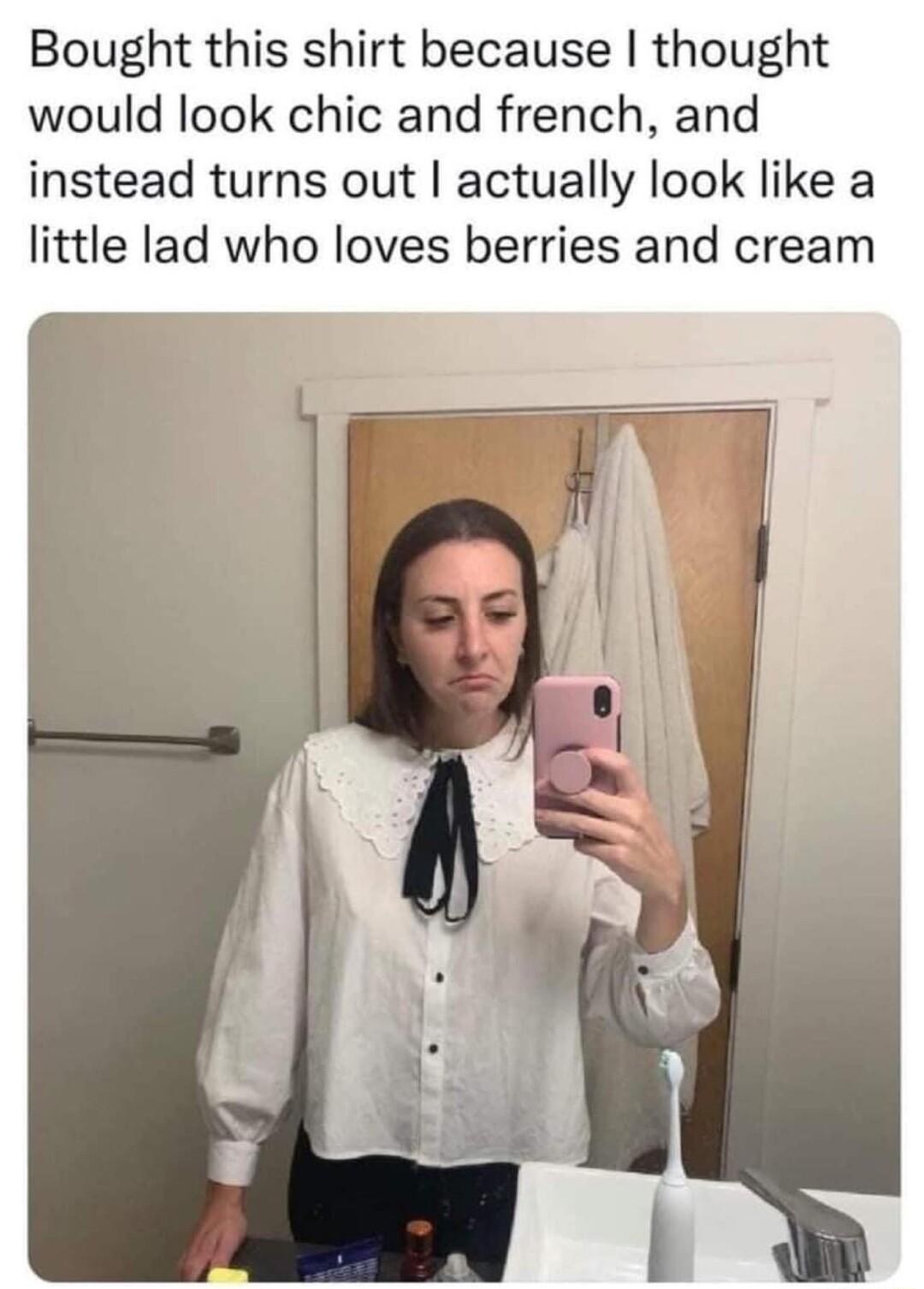 Bought this shirt because thought would look chic and french and instead turns out actually look like a little lad who loves berries and cream