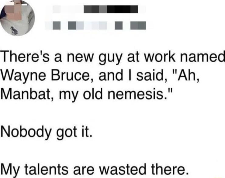 S nm Theres a new guy at work named Wayne Bruce and said Ah Manbat my old nemesis Nobody got it My talents are wasted there