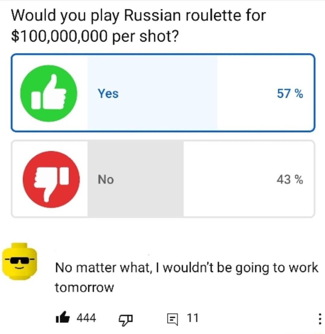 Would you play Russian roulette for 100000000 per shot 0 Yes 57 O No 43 No matter what wouldnt be going to work tomorrow ol 444 gp SR1