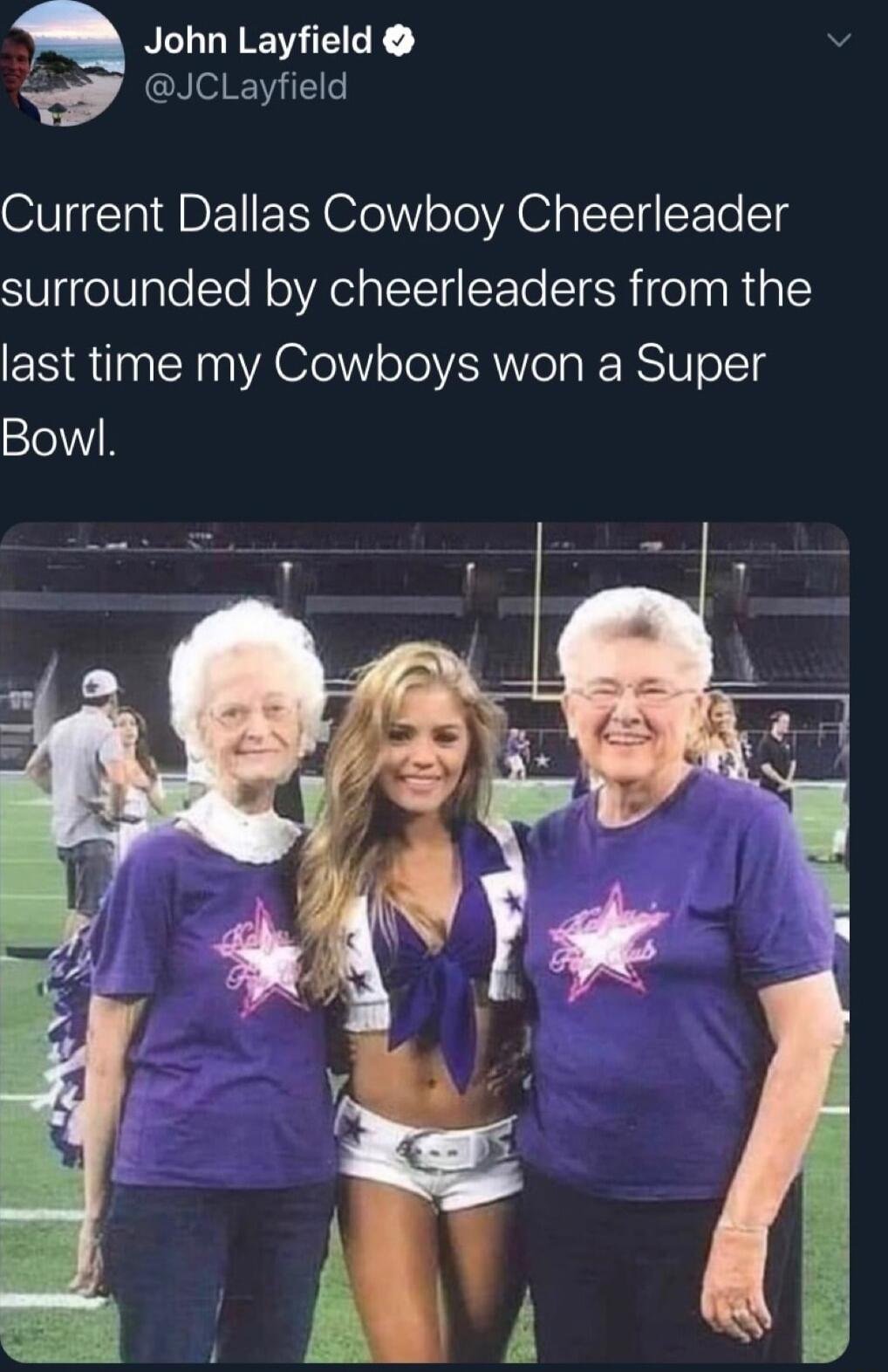 John Layfield Y Clayfield Current Dallas Cowboy Cheerleader surrounded by cheerleaders from the last time my Cowboys won a Super Bowl