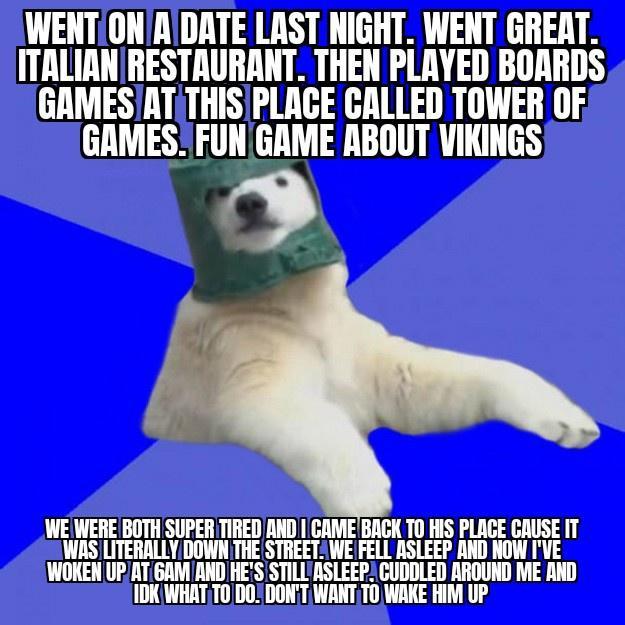 WE WERE BOTH SUPER TIRED AND CAMEBACK TO HIS PLACE CAUSE IT WAS LITERALLY DOWN THE STREET WE FELL ASLEEP AND NOW IVE WOKEN UP AT GANY AND HES STILLASLEEP CUDDLED AROUND ME AND IDKWHATTO DO DONT WANTTO WAKE HIM UP