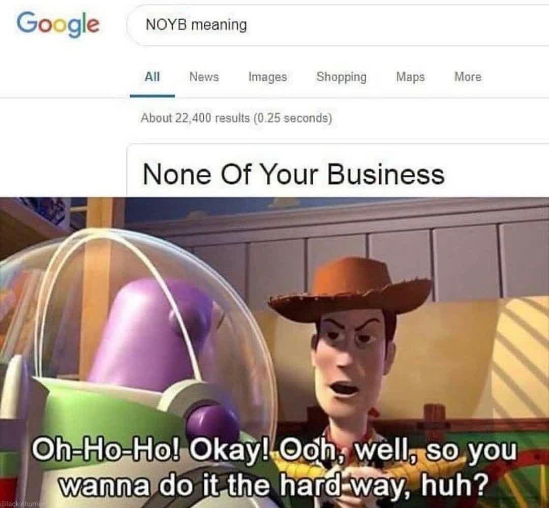 GO gle NOYB meaning All News Images Shopping Maps More About 22400 results 025 seconds None Of Your Business OhHo ol Okayl Oohwelsoyou WERELC il hard way huh