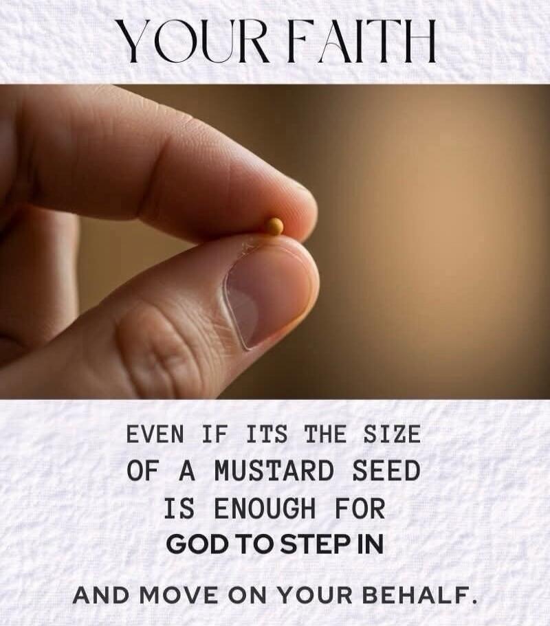 YOUR FAITH EVEN IF ITS THE SIZE OF A MUSTARD SEED IS ENOUGH FOR GOD TO STEP IN AND MOVE ON YOUR BEHALF.