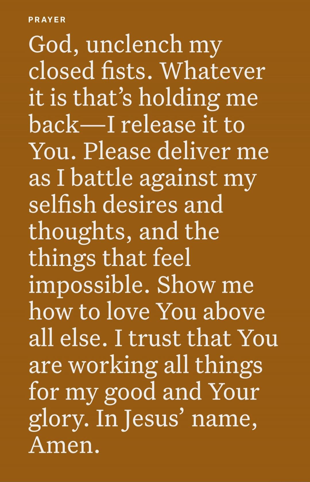 God, unclench my closed fists. Whatever it is that's holding me back— I release it to You. Please deliver me as I battle against my selfish desires and thoughts, and the things that feel impossible. Show me how to love You above all else. I trust that You are working all things for my good and Your glory. In Jesus' name, Amen.
