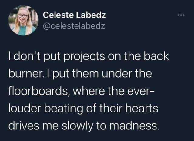 v Celeste Labedz I EN 1T oTe 4 dont put projects on the back oW ga T NolUimialTaaNUaleSTRTQTE floorboards where the ever louder beating of their hearts drives me slowly to madness