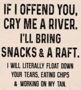 IF I OFFEND YOU CRY ME A RIVER ILL BRING SNACKS A RAFT WILL LITERALLY FLOAT DOWN YOUR TEARS EATING CHIPS WORKING ON MY TAN