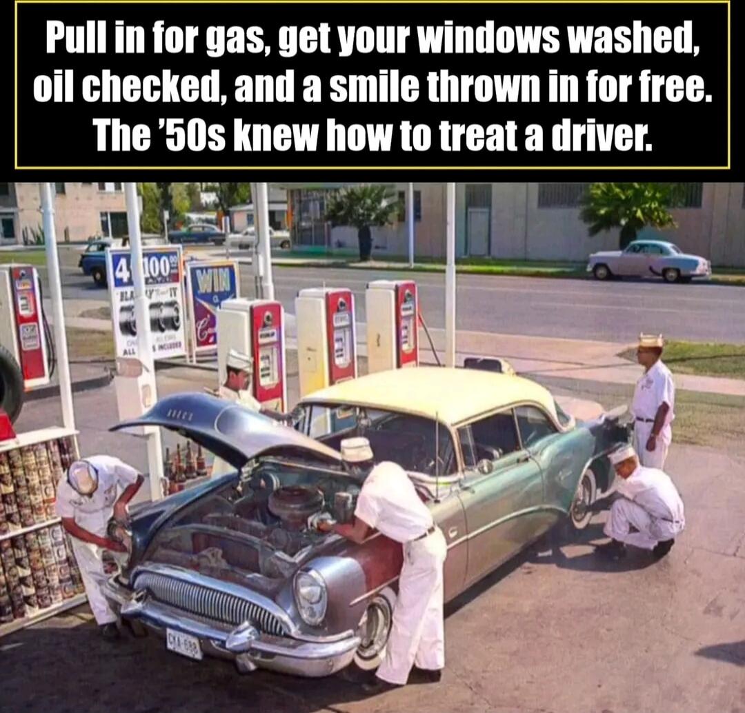 Pull in for gas, get your windows washed, oil checked, and a smile thrown in for free. The ’50s knew how to treat a driver.