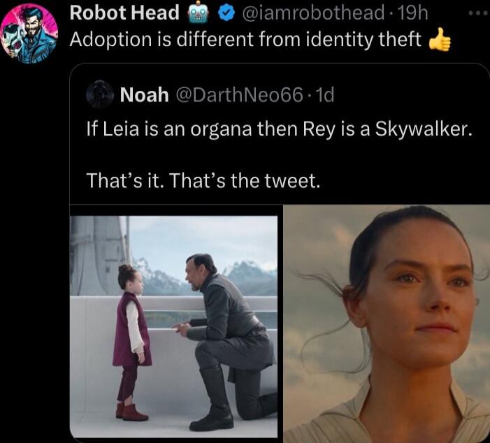 RobotHead iamrobothead 19h Adoption is different from identity theft oy LLED REIE GG e If Leia is an organa then Rey is a Skywalker LGSR NEIER TS