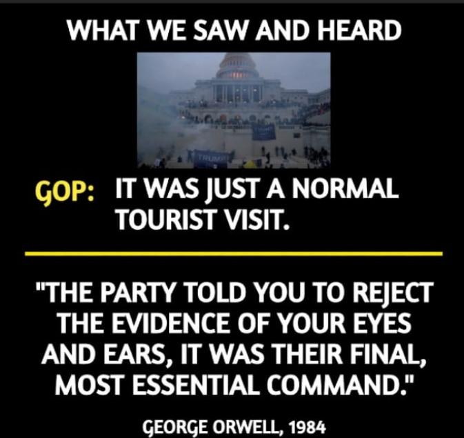 WHAT WE SAW AND HEARD GOP IT WAS JUST A NORMAL TOURIST VISIT THE PARTY TOLD YOU TO REJECT THE EVIDENCE OF YOUR EYES AND EARS IT WAS THEIR FINAL MOST ESSENTIAL COMMAND GEORGE ORWELL 1984