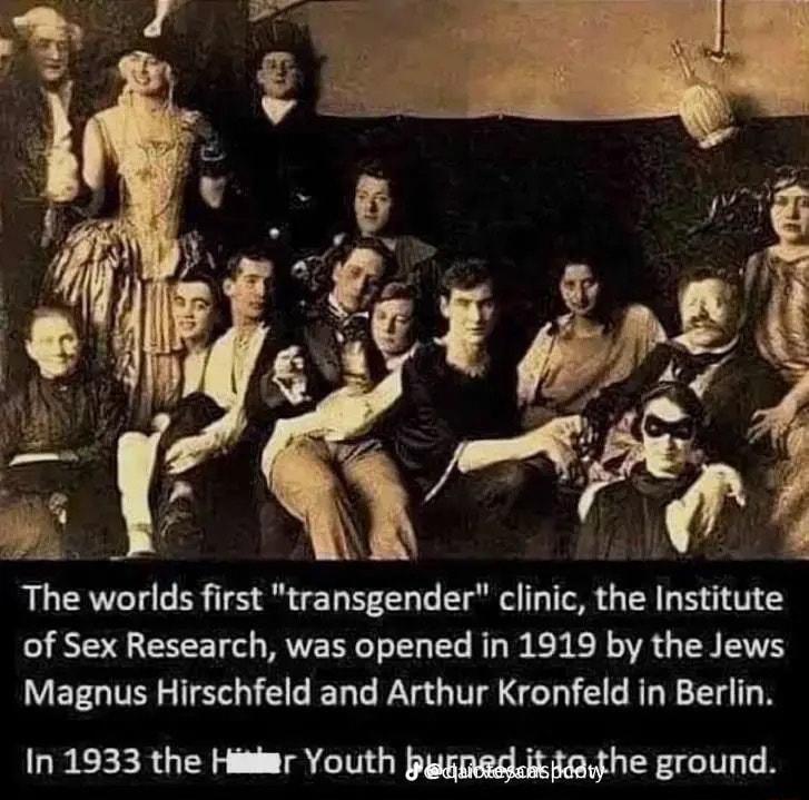 The worlds first transgender clinic the Institute of Sex Research was opened in 1919 by the Jews Magnus Hirschfeld and Arthur Kronfeld in Berlin GECEERGEY IR CIVGY IV BN LY G TN