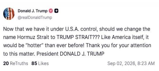Now that we have it under U.S.A. control, should we change the name Hormuz Strait to TRUMP STRAIT??? Like America itself, it would be 