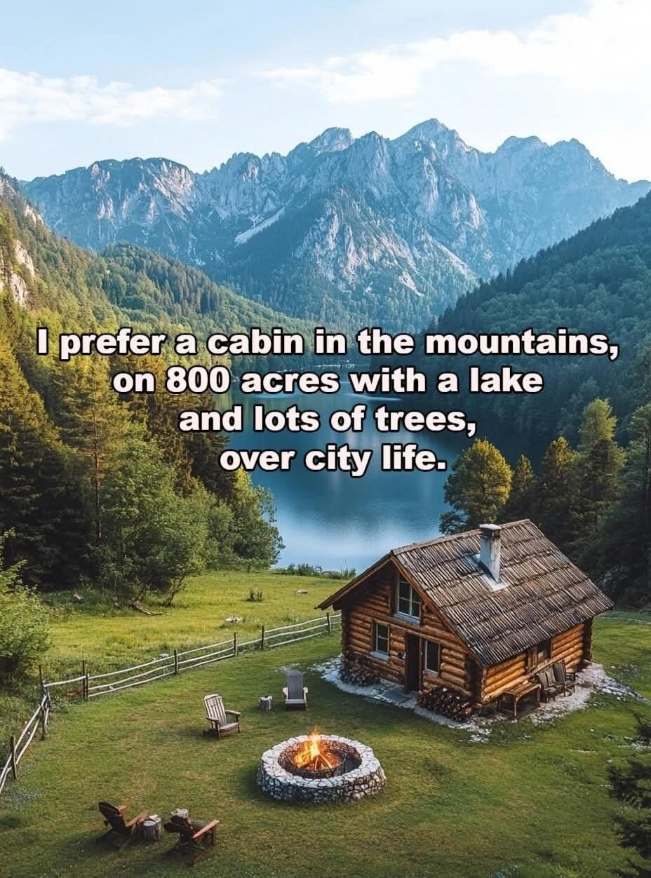 I prefer a cabin in the mountains, on 800 acres with a lake and lots of trees, over city life.